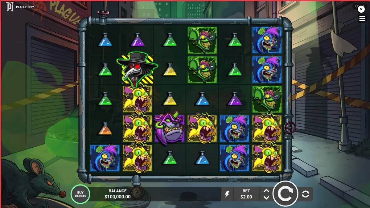 Interface do jogo Plague City com elementos de laboratório e criaturas mutantes
